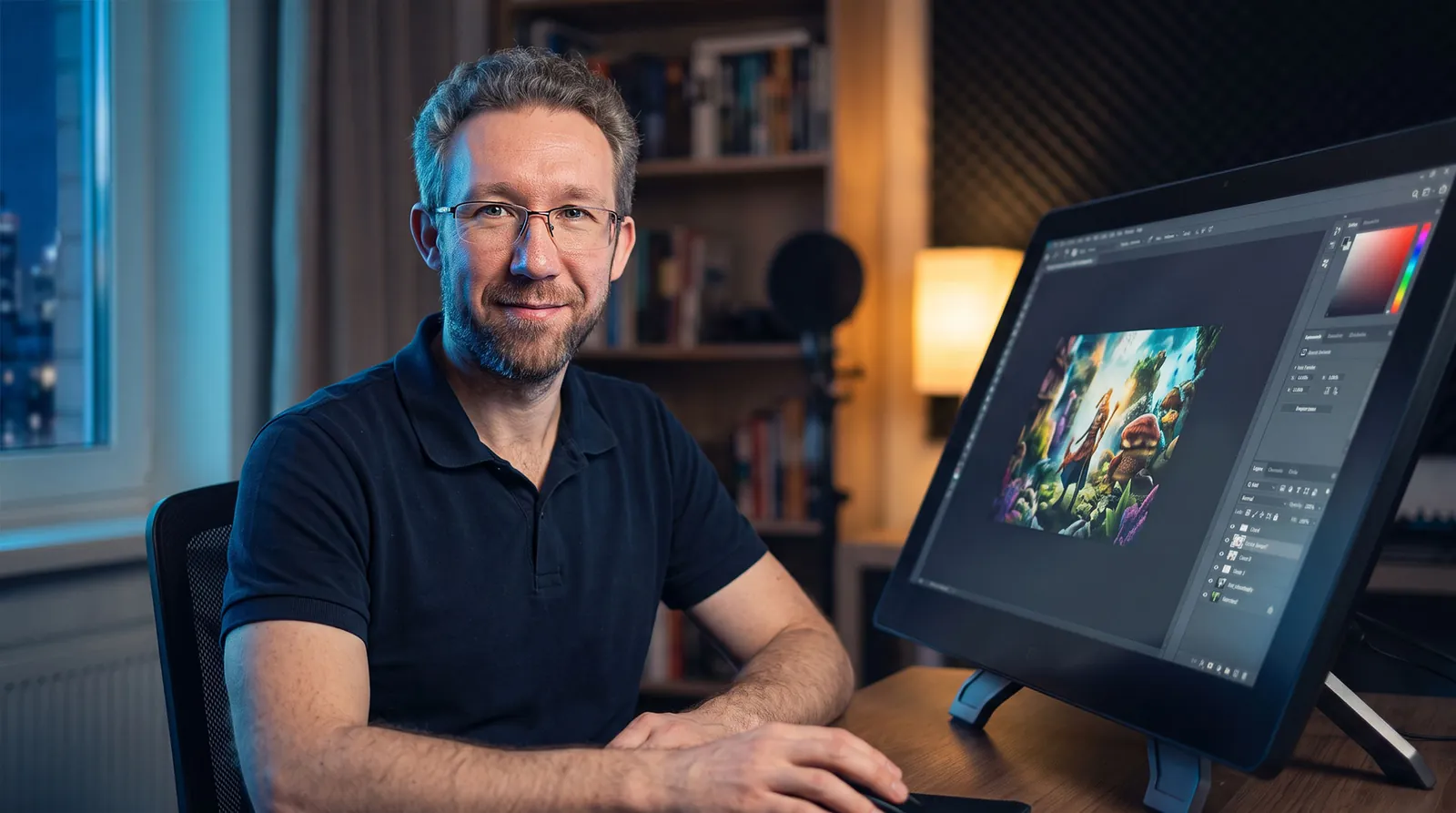 Tonda Mika s úsměvem u počítače, na monitoru má otevřený Photoshop