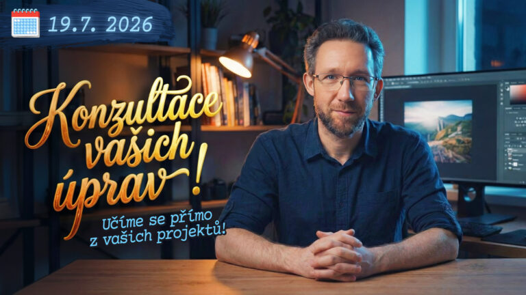 Konzultace vašich úprav 19.7.2026 - Tonda u stolu s Photoshopem na monitoru, učíme se přímo z vašich projektů